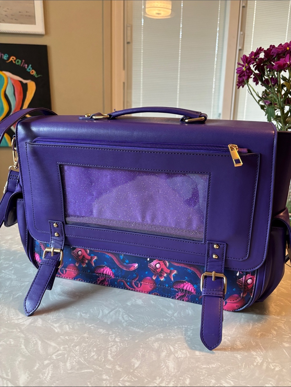 FUNKY SEA CREATURES book bag. Faux purple leather. Bright red and pink sea life.